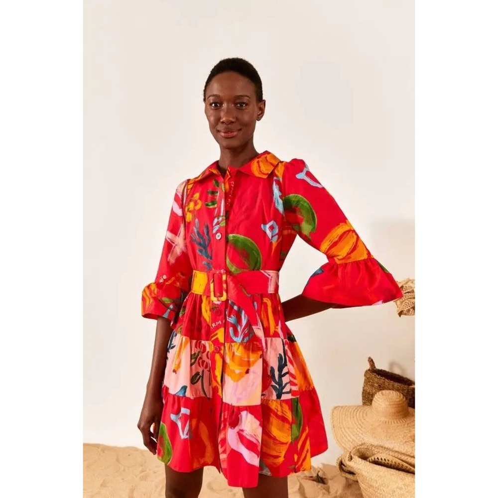 Farm Rio Tropical‎ Fruit Printed Mini Shirt Dress Small Multicolor Belted Resort